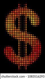 Dot dollar icon. Bright pictogram in fire color shades on a black background. Vector halftone mosaic of dollar icon organized from round points.