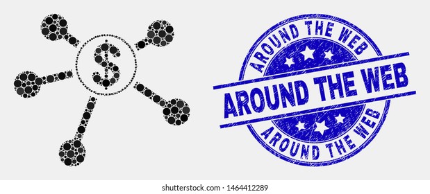 Dot dollar links mosaic icon and Around the Web seal stamp. Blue vector rounded textured seal stamp with Around the Web text. Vector combination in flat style.