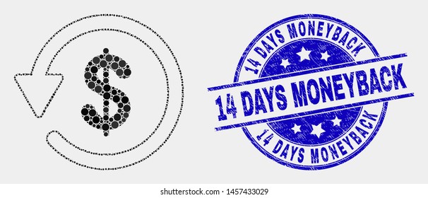 Dot dollar refund mosaic pictogram and 14 Days Moneyback watermark. Blue vector round distress stamp with 14 Days Moneyback phrase. Vector composition in flat style.