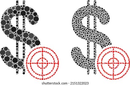 Dot dollar target icon. Mosaic dollar target icon composed of circle items in variable sizes and color tones. Vector circle dots are composed into mosaic dollar target icon.