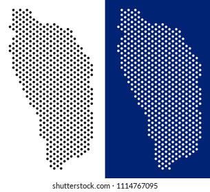 Dot Dominica Island map. Vector geographic map on white and blue backgrounds. Vector concept of Dominica Island map created of round elements.