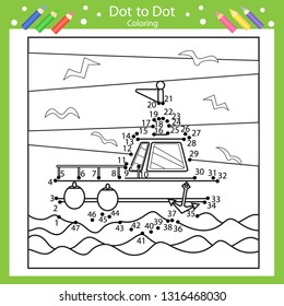 Dot to dots connect drawing. Coloring page for book. Drawing worksheets with a sea ship. Children funny picture riddle. Drawing lesson. Activity art game for book. Vector illustration.