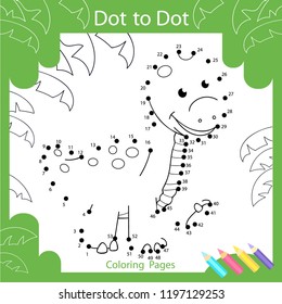 Dot to dots drawing worksheets. Coloring page for kids. Drawing tutorial with carton dinosaur. Children funny picture riddle. Drawing lesson. Activity art game for book. Vector illustration.