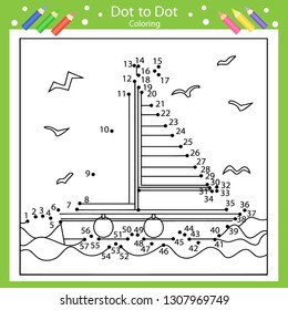 Dot to dots drawing worksheets. Coloring page for book. Drawing worksheets with a sea ship. Children funny picture riddle. Drawing lesson. Activity art game for book. Vector illustration.