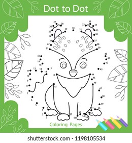 Dot to dots drawing worksheets. Drawing tutorial with funny little fox. Coloring page for kids. Children funny picture riddle. Activity art game for book. Vector illustration.