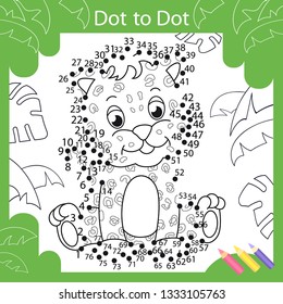 Dot to dots drawing worksheets. Drawing tutorial with cute leopard. Coloring page for kids. Children funny picture riddle. Drawing lesson. Activity art game for book. Vector illustration.