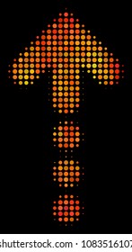 Dot dotted arrow icon. Bright pictogram in orange color hues on a black background. Vector halftone collage of dotted arrow icon designed with round items.