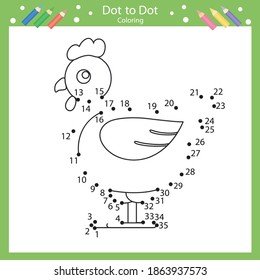 Dot to dot drawing a chicken. Children worksheets. Drawing tutorial. Coloring page for kids. 