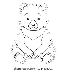 Dot to dot drawing of cute bear. Educational kids activity page with numbers game. Worksheet for children. Drawing tutorial. Coloring page.