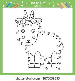 Dot to dot drawing a goat. Children worksheets. Drawing tutorial. Coloring page for kids. 