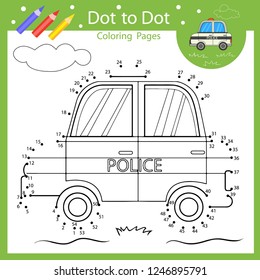 Dot to dot drawing worksheets. Drawing tutorial with cartoon a police car. Coloring page for kids. Children funny picture riddle. Activity art game for book. Vector illustration.