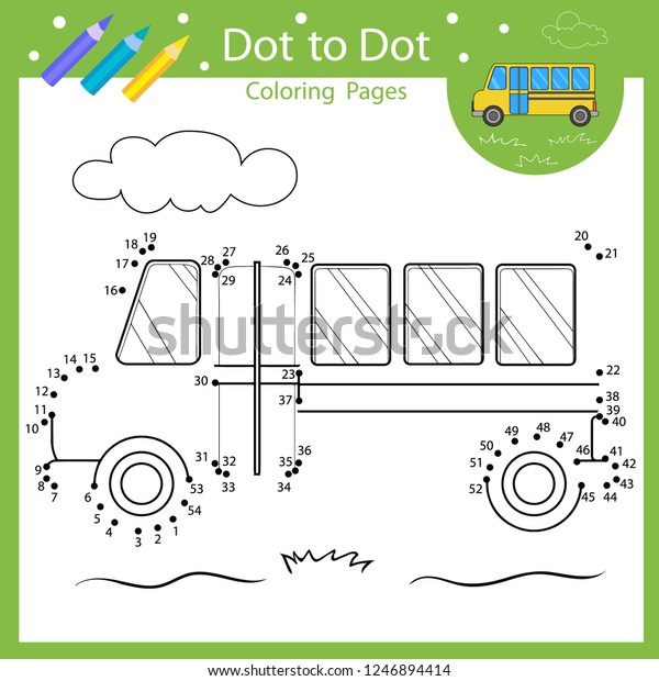 Dot to\
dot drawing worksheets. Drawing tutorial with cartoon a school bus.\
Coloring page for kids. Children funny picture riddle. Activity art\
game for book. Vector\
illustration.