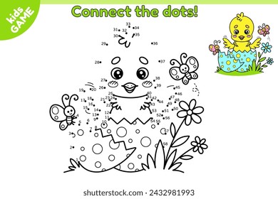 Punto a punto juego de Pascua para los niños. Conecta los puntos por números, dibuja un pollito de dibujos animados nacido del huevo y coloréalo. Rompecabezas educativo para escolares. Ilustración vectorial sobre el tema de vacaciones de primavera.