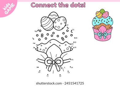 Dot to dot Easter game for children. Connect the dots by numbers, draw a cartoon Easter cake and color it. Kulich decorated with a bow and painted eggs. Educational puzzle for kids. Vector baby design
