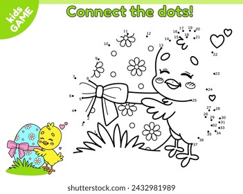 Dot to dot Easter kids game. Connect the dots by numbers, draw a cartoon chick hugs the egg decorated with ribbon and bow. Activity for children. Vector design on spring holiday theme for children.