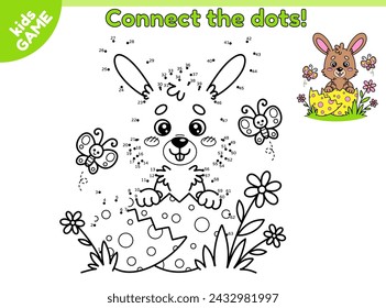 Dot to dot Easter kids game. Connect the dots by numbers, draw the cartoon rabbit hatched from egg. Happy hare in cracked egg. Educational riddle for children. Vector design on spring holiday theme.