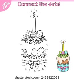 Dot to dot Easter kids game. Connect the dots by numbers, draw the cartoon traditional cake with decorative eggs and candle. Festive baking for spring holiday. Educational puzzle for children. Vector.
