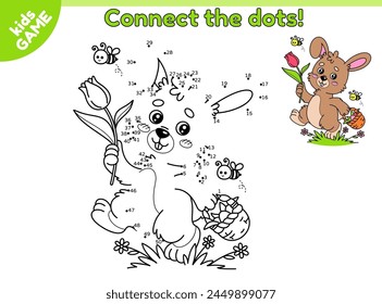 Dot to dot Easter kids game. Connect the dots by numbers, draw a cartoon rabbit holding a tulip in its paw. Cute bunny carries a basket of eggs. Educational puzzle for children. Vector baby design.