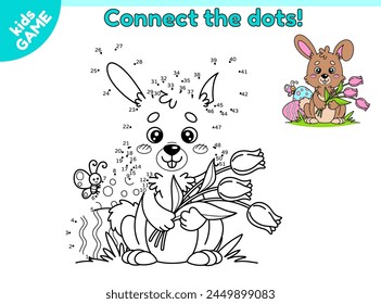 Dot to dot Easter kids game. Connect the dots by numbers, draw a cartoon rabbit holding tulips in his paws. Happy hare sits on the grass near painted eggs. Educational puzzle for children. Vector.