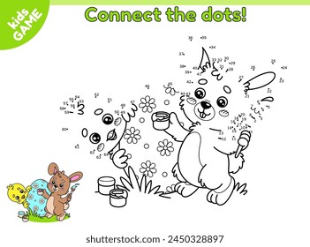 Dot to dot Easter kids game. Connect the dots by numbers, draw a cartoon chick, rabbit. Small chick and bunny paints the egg with a brush. Educational puzzle for children. Vector spring holiday design