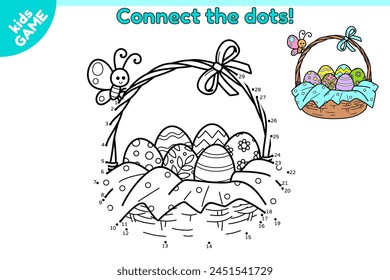 Dot to dot Easter kids game. Connect the dots by numbers, draw a cartoon basket with festive painted eggs decorated bow. Color it. A cute butterfly sits on the basket. Puzzle for children. Vector.