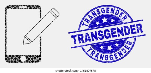 Dot edit phone records mosaic pictogram and Transgender stamp. Blue vector rounded textured stamp with Transgender caption. Vector composition in flat style.