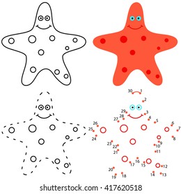 Dot to dot educational game for children. Cartoon starfish. Connect the dots. Cut around the dotted lines, coloring book, learn numbers.
