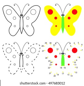 Dot to dot educational game for children. Cartoon butterfly. 
Connect the dots. Cut around the dotted lines, coloring book, learn numbers.