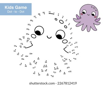 Juego educativo punto a punto para niños. Un pulpo de dibujos animados. Juego de números. Página de actividad imprimible para niños. Conecte los puntos y el color. Ilustración vectorial.