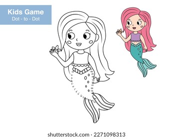 Dot to dot educational game for children. Cute cartoon mermaid. Numbers game. Activity worksheet for kids. Connect the dots and color. Vector illustration.