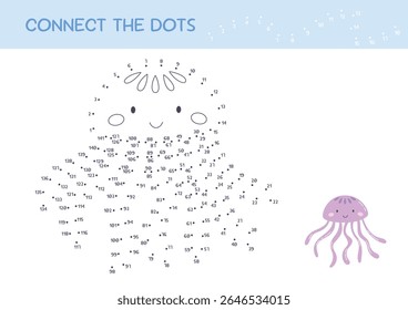 Dot to dot educational game for children. Cute cartoon jellyfish. Numbers game. Printable worksheet for kids. Connect the dots and color. Vector illustration.