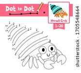 Dot to dot educational game and Coloring book of Hermit Crab animals cartoon character for preschool kids about learning counting number 1-20 and handwriting practice worksheet. Vector Illustration.