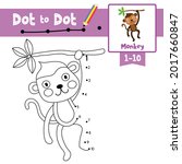 Dot to dot educational game and Coloring book of Cute Monkey animals cartoon for preschool kids activity about learning counting number 1-10 and handwriting practice worksheet. Vector Illustration.