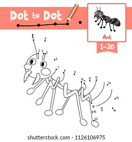 Dot to dot educational game and Coloring book of Black Ants animals cartoon character for preschool kids activity learning counting number 1-20 and handwriting practice worksheet. Vector Illustration.