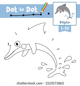 Dot to dot educational game and Coloring book of Dolphin animals cartoon character for preschool kids activity learning counting number 1-10 and handwriting practice worksheet. Vector Illustration.