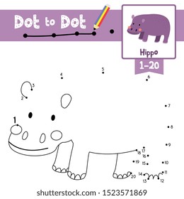 Dot to dot educational game and Coloring book of Hippo animals cartoon character for preschool kids activity about learning counting number 1-20 and handwriting practice worksheet.Vector IIllustration