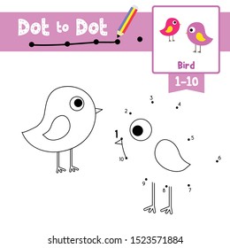 Dot to dot educational game and Coloring book of Bird animals cartoon character for preschool kids activity about learning counting number 1-10 and handwriting practice worksheet. Vector Illustration.