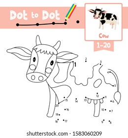 Dot to dot educational game and Coloring book of Cow animals cartoon character for preschool kids activity about learning counting number 1-20 and handwriting practice worksheet. Vector Illustration.