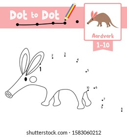 Juego educativo Punto a punto y libro de colorear de caricatura de los animales de Aardvark para la actividad preescolar sobre el aprendizaje número 1-10 y la hoja de trabajo de práctica de escritura a mano. Ilustración vectorial.