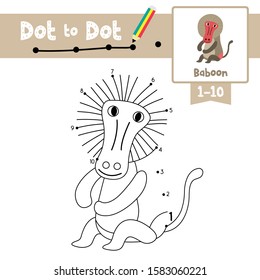 Dot to dot educational game and Coloring book of Baboon animals cartoon character for preschool  activity about learning counting number 1-10 and handwriting practice worksheet. Vector Illustration.