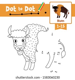 Dot to dot educational game and Coloring book of Bison animals cartoon character for preschool kids activity about learning counting number 1-15 and handwriting practice worksheet. Vector Illustration