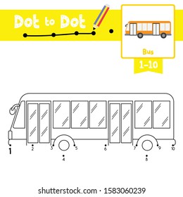 Dot to dot educational game and Coloring book of Bus cartoon transportations for preschool kids activity about learning counting number 1-10 and handwriting practice worksheet. Vector Illustration.