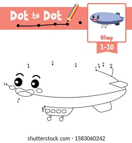 Dot to dot educational game and Coloring book of cute Blimp cartoon transportations for preschool activity about learning counting number 1-10 and handwriting practice worksheet.Vector Illustratration