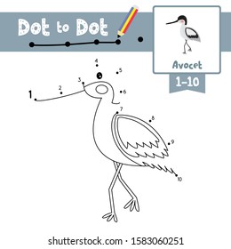 Dot to dot educational game and Coloring book of avocet animals cartoon character for preschool kids activity about learning counting number 1-10 and handwriting practice worksheet.Vector Illustration