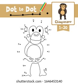 Dot to dot educational game and Coloring book of Chimpanzee animals cartoon for preschool kids activity about learning counting number 1-20 and handwriting practice worksheet. Vector Illustration.