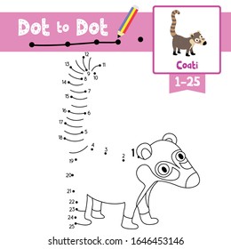 Dot to dot educational game and Coloring book of Coati animals cartoon for preschool kids activity about learning counting number 1-25 and handwriting practice worksheet. Vector Illustration.