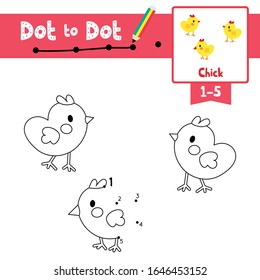 Dot to dot educational game and Coloring book of Chicks animals cartoon character for preschool kids activity about learning counting number 1-5 and handwriting practice worksheet. Vector Illustration