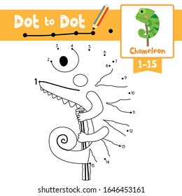 Dot to dot educational game and Coloring book of Chameleon animals cartoon for preschool kids activity about learning counting number 1-15 and handwriting practice worksheet. Vector Illustration.