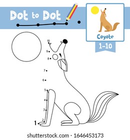 Dot to dot educational game and Coloring book of Coyote animals cartoon for preschool kids activity about learning counting number 1-10 and handwriting practice worksheet. Vector Illustration.