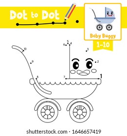 Dot to dot educational game and Coloring book of Baby Buggy cartoon transportations for preschool kids activity about counting number 1-10 and handwriting practice worksheet. Vector Illustration.